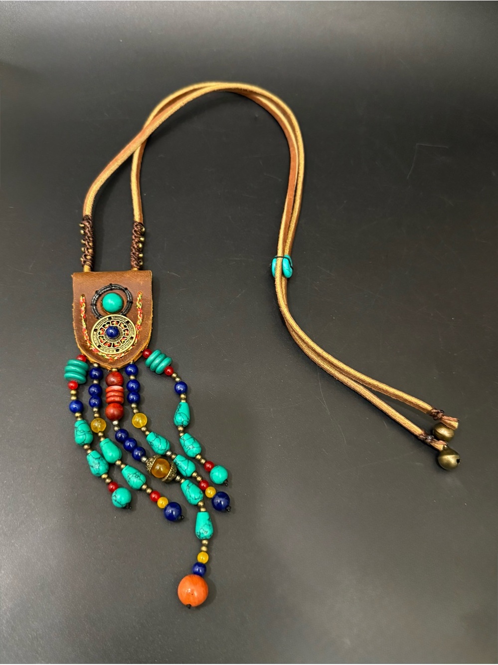 Boho Ethnic Style Leather Cord Fringe Beaded Tassel Pendant Necklace